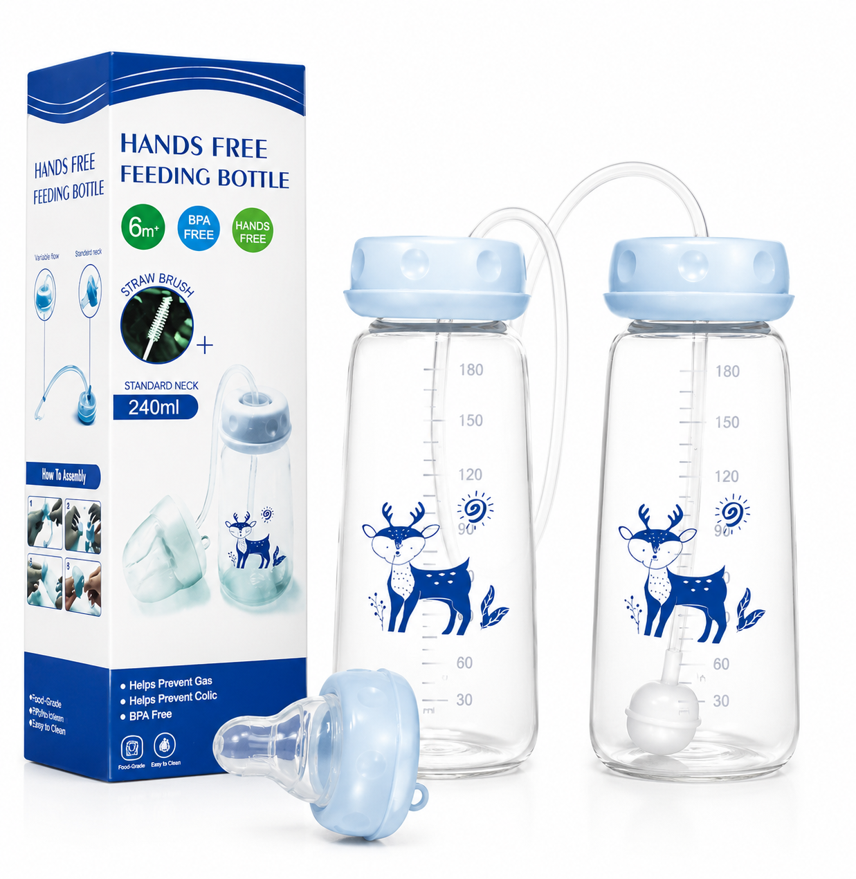 Hands-Free Baby Feeding Bottle with Silicone Tube | Variable Flow Nipple | BPA-Free | 240ml