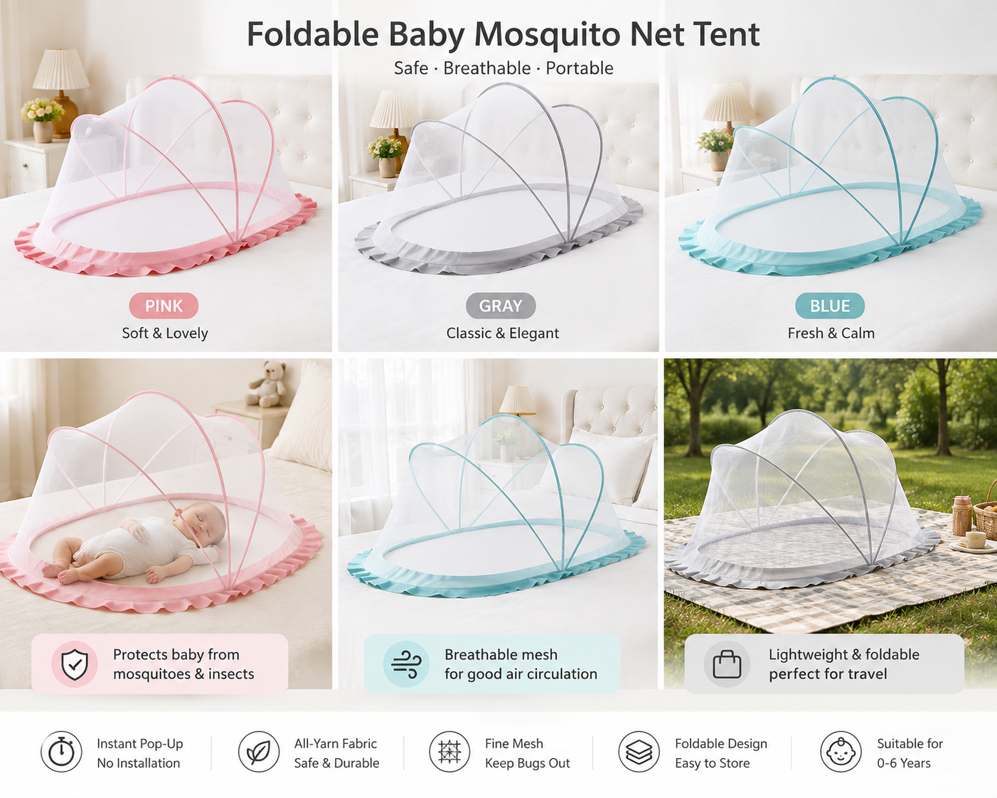 Foldable Pop-Up Baby Mosquito Net Tent | Portable Crib Canopy with Sun Protection